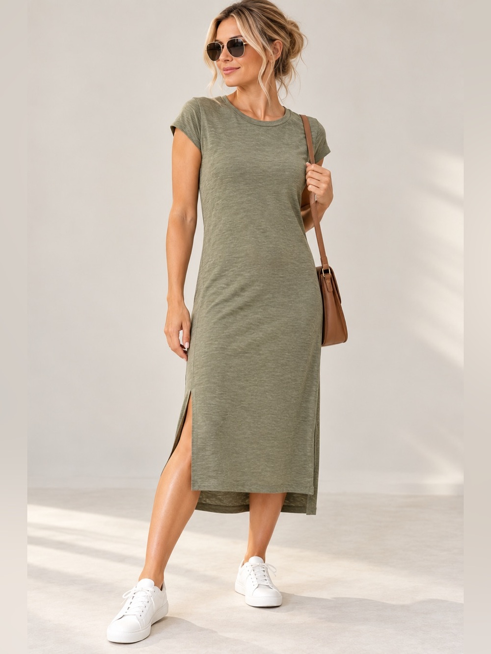 Jessica Simpson Olive Green Midi T-Shirt Dress – Size M